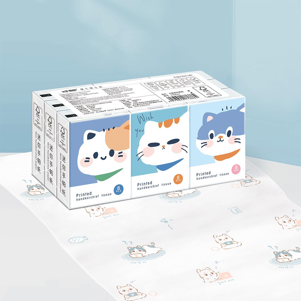 FSC Mini Facial Tissues Cat Printed Pocket Tissues 9 Pcs Pack Paper Handkerchief Hand Towel Tissue