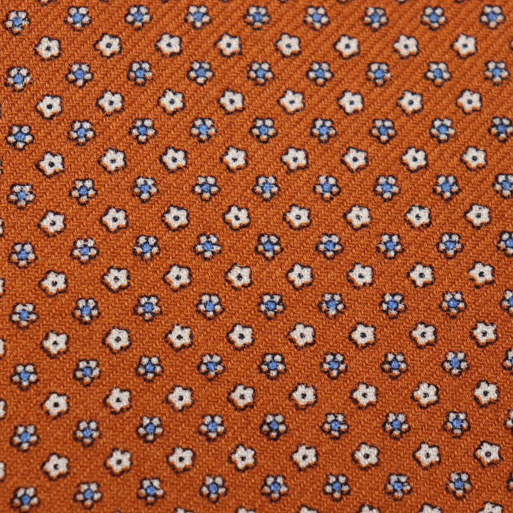 Elegant Micro Floral Print Pocket Square Custom Burnt Orange Hand Rolled Wool Handkerchief for Men