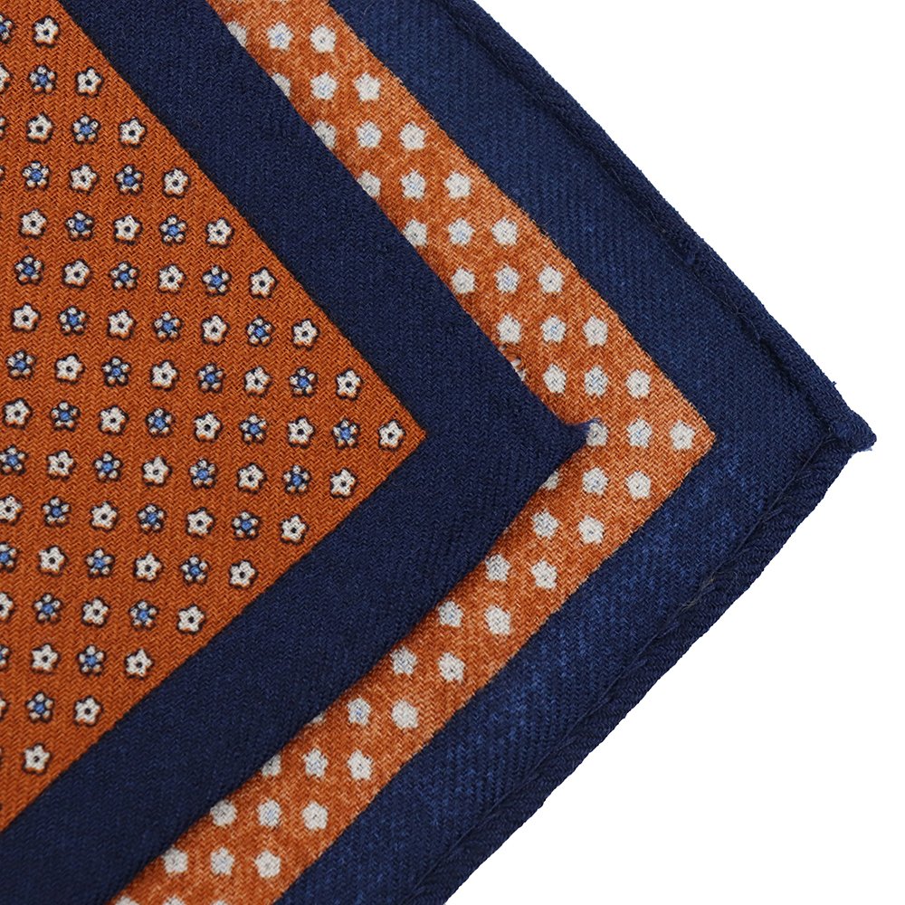 Elegant Micro Floral Print Pocket Square Custom Burnt Orange Hand Rolled Wool Handkerchief for Men