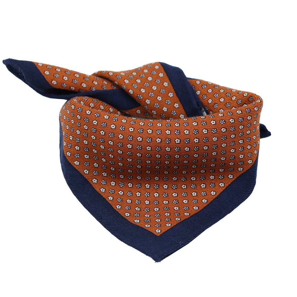 Elegant Micro Floral Print Pocket Square Custom Burnt Orange Hand Rolled Wool Handkerchief for Men