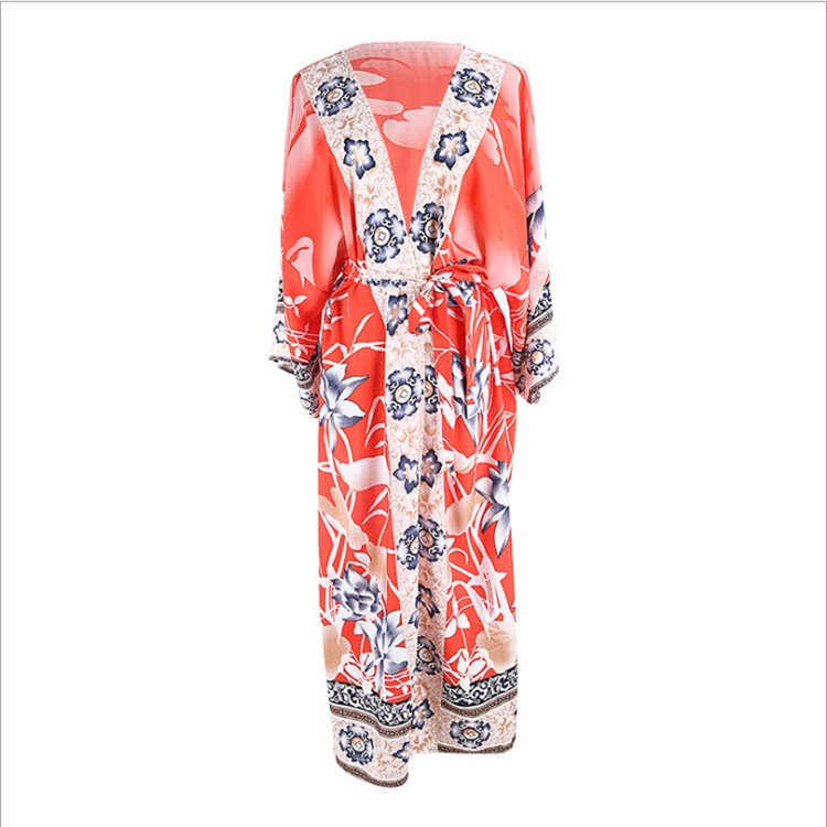 Kimono Beach 2021 Floral Print Long Cardigan Summer Women Wear Bikini Wrap Beach Kimono Cover Up Dress