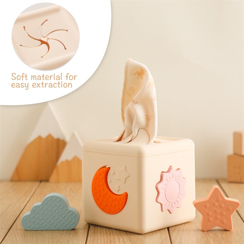 Montessori Educational Toy Silicone Building Block Baby Tissue Box Stacking Cups with Geometric Shape Nesting & Sorting Function