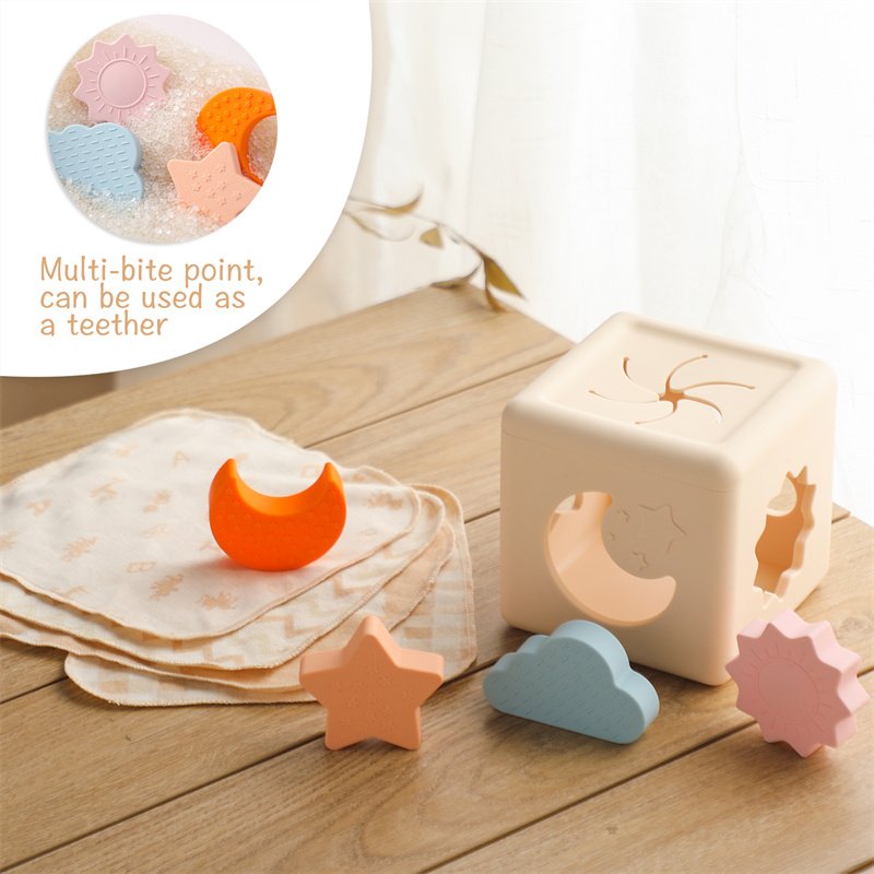 Montessori Educational Toy Silicone Building Block Baby Tissue Box Stacking Cups with Geometric Shape Nesting & Sorting Function