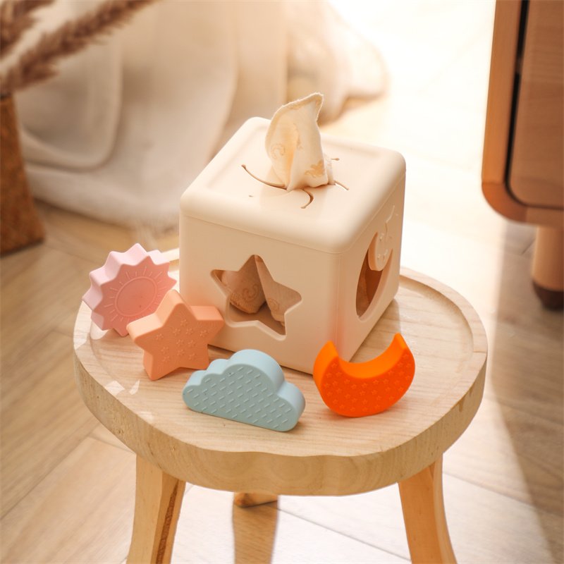 Montessori Educational Toy Silicone Building Block Baby Tissue Box Stacking Cups with Geometric Shape Nesting & Sorting Function