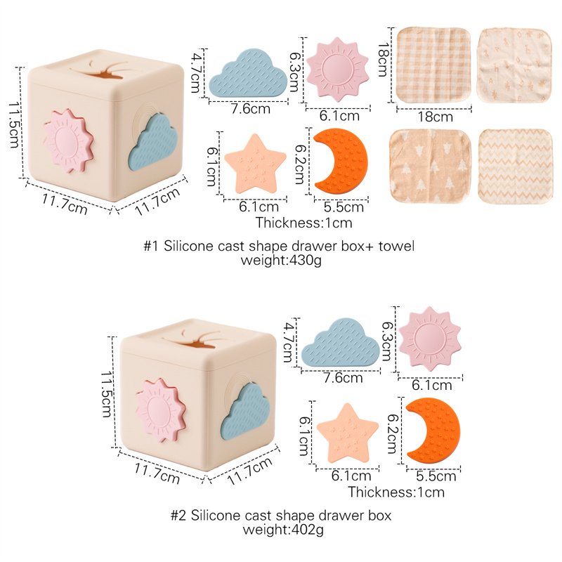 Montessori Educational Toy Silicone Building Block Baby Tissue Box Stacking Cups with Geometric Shape Nesting & Sorting Function