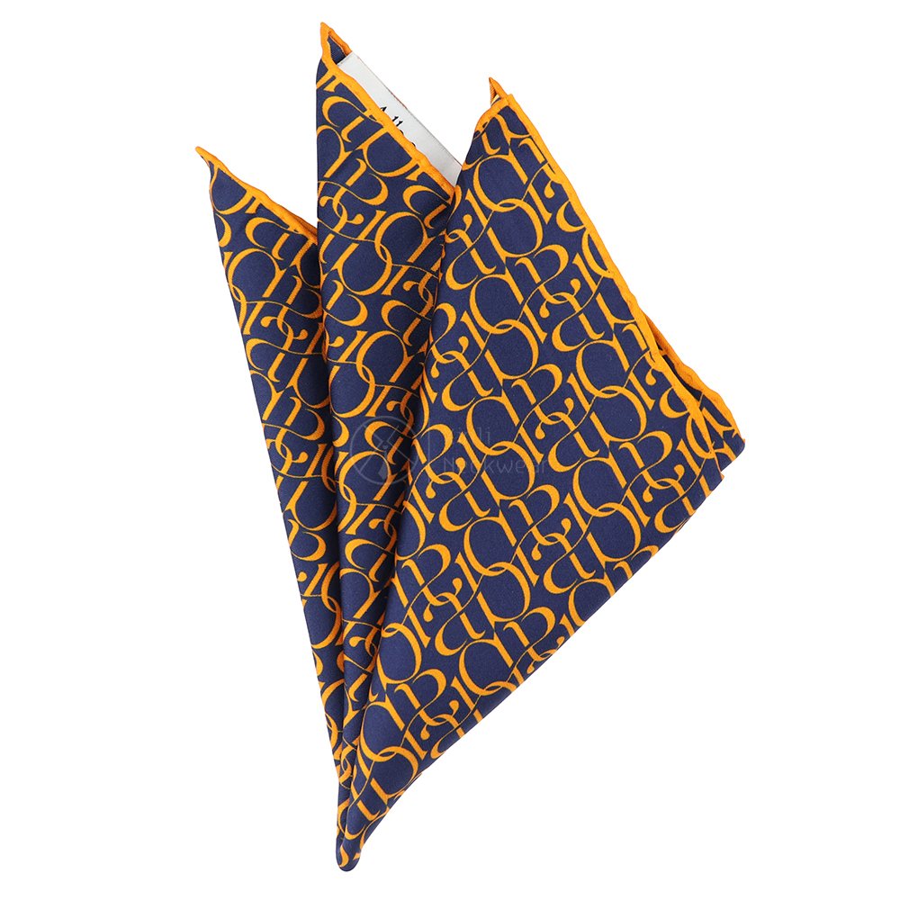 Navy Blue Printed Alphabet Tie Personalized Logo Brand Pocket Handkerchief Silk Ties Men Necktie Set In Gift Box