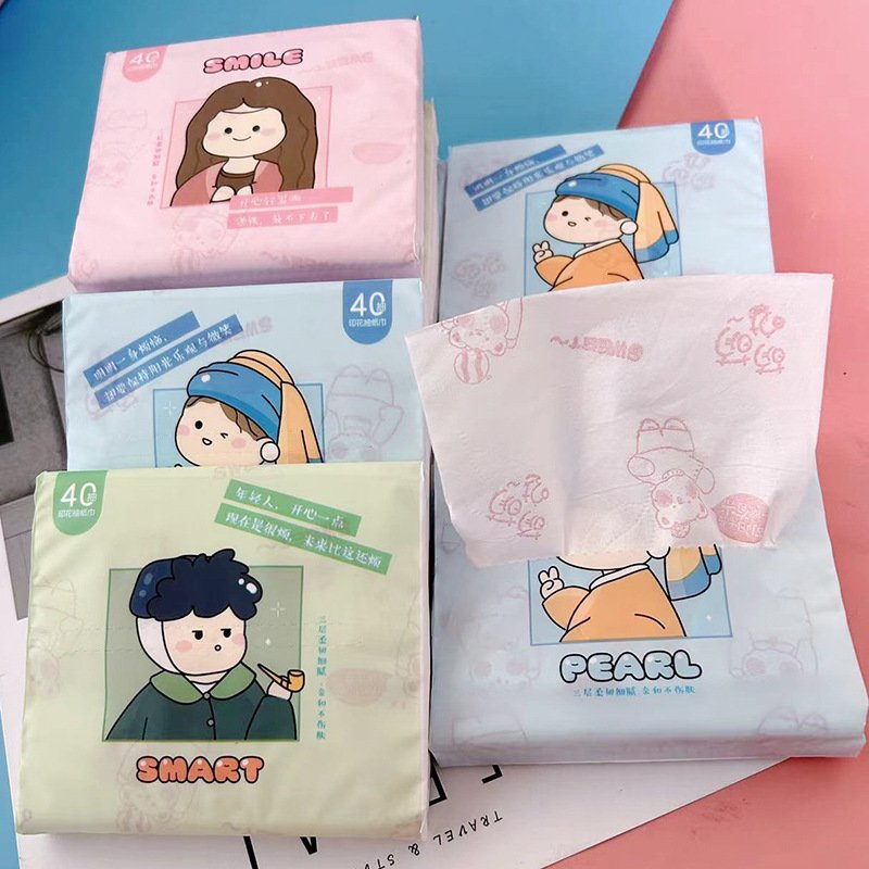 FSC Happy Family Portable Facial Tissues Wood Pulp Color Printed Soft 40 Pull Cute Cartoon Handkerchief Pocket Tissue