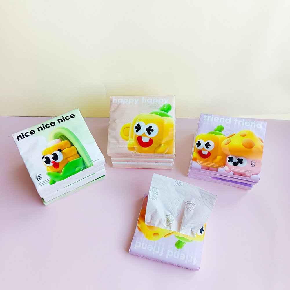 FSC Portable Facial Tissues Wood Pulp Cartoon Vegetable Series Printed Soft 40 Pull Cute Cartoon Handkerchief Pocket Tissue