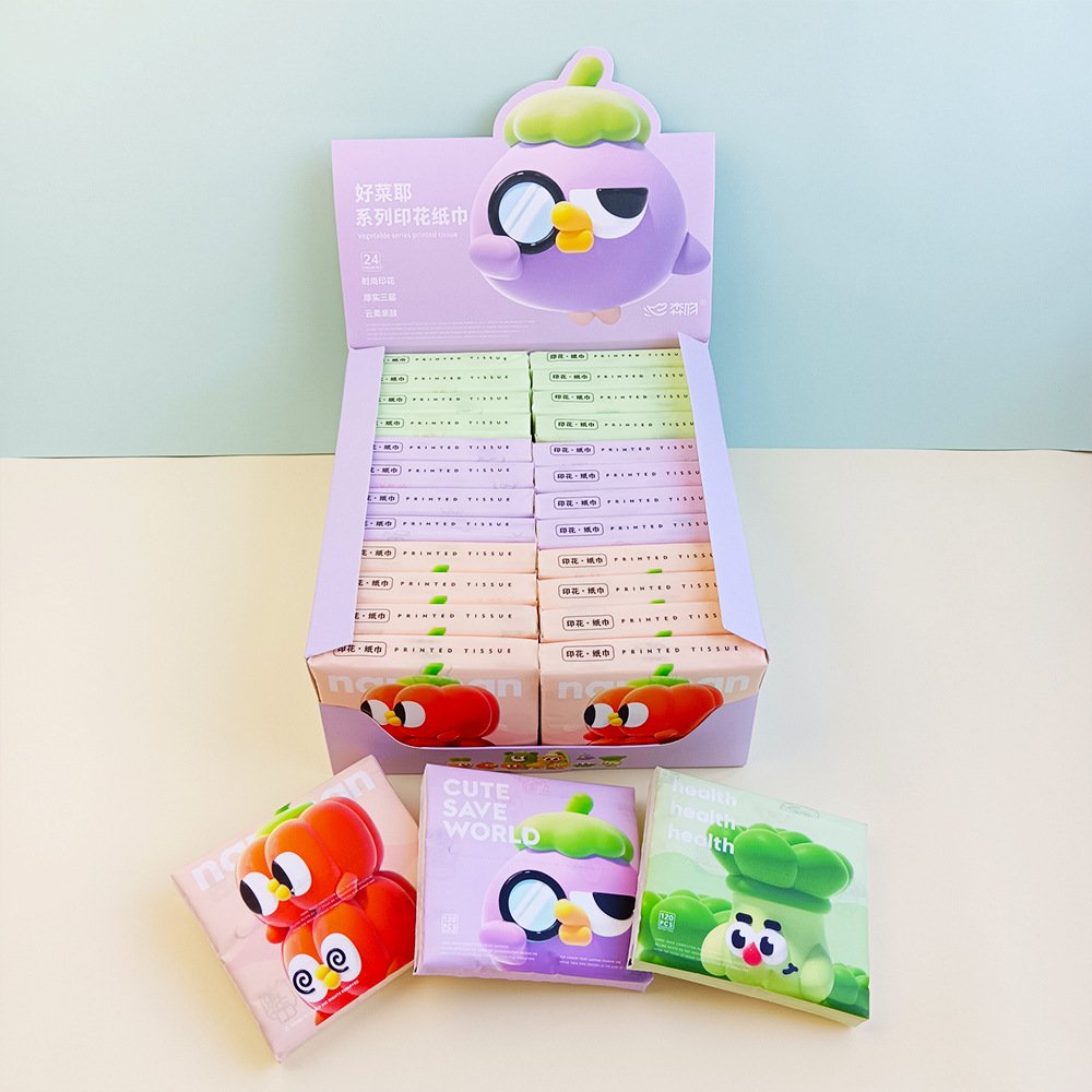 FSC Portable Facial Tissues Wood Pulp Cartoon Vegetable Series Printed Soft 40 Pull Cute Cartoon Handkerchief Pocket Tissue