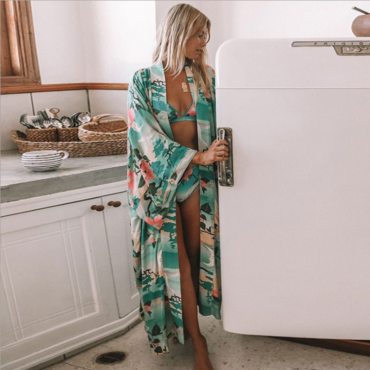 Kimono Beach Cover Up Hotselling Rayon Open Front Cardigan Summer Women Flower Long Open Cardigan Kimono Beach Cover Up Dress
