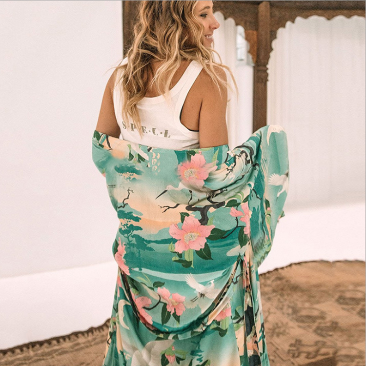 Kimono Beach Cover Up Hotselling Rayon Open Front Cardigan Summer Women Flower Long Open Cardigan Kimono Beach Cover Up Dress