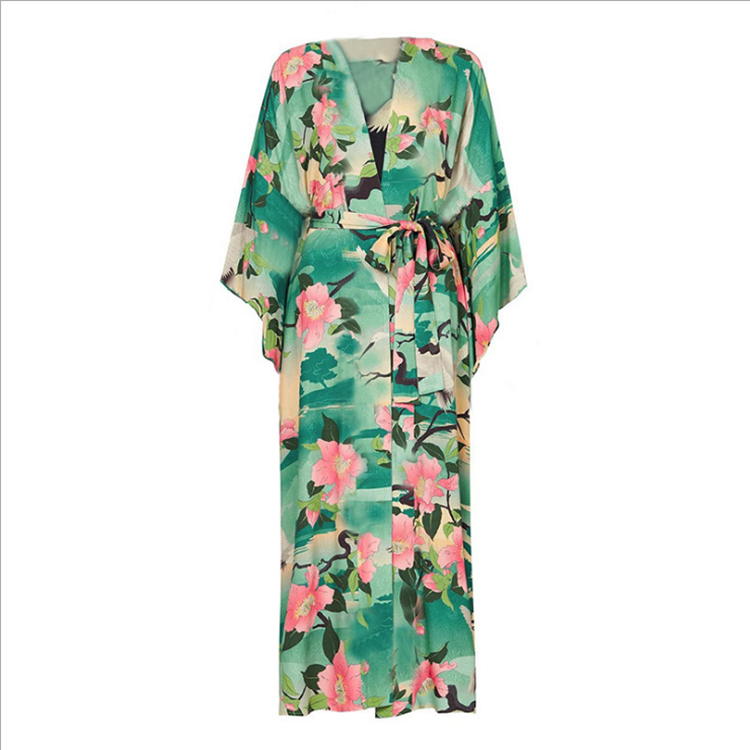 Kimono Beach Cover Up Hotselling Rayon Open Front Cardigan Summer Women Flower Long Open Cardigan Kimono Beach Cover Up Dress