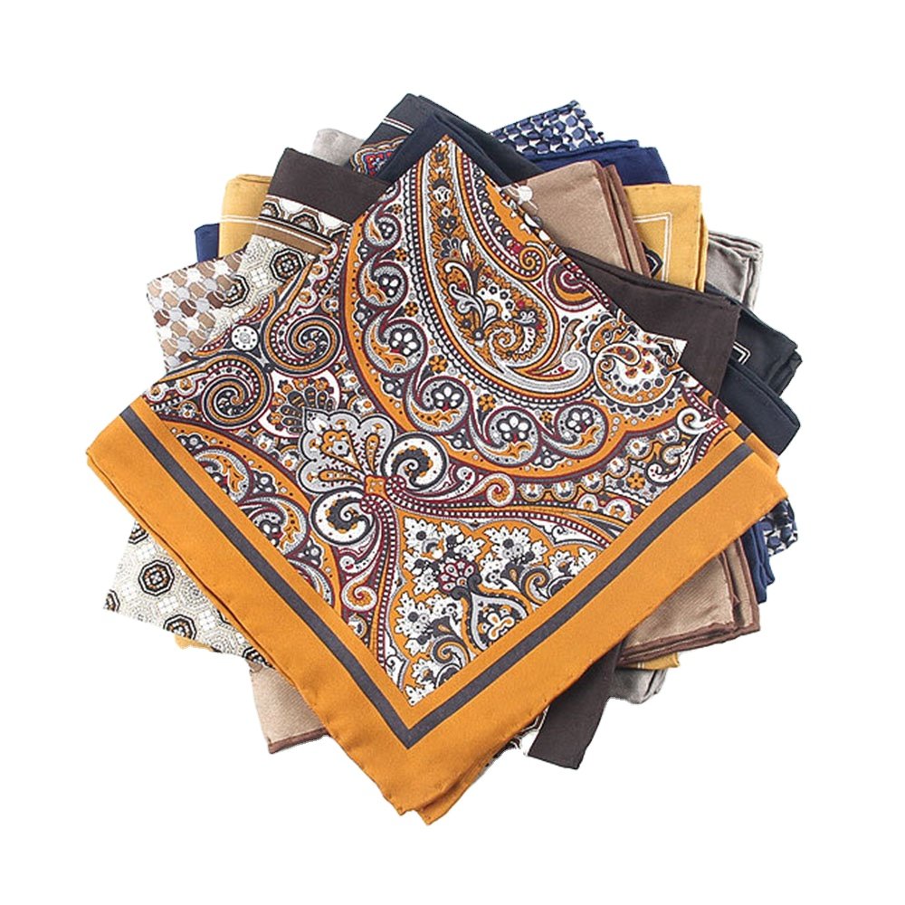 Custom Screen Printing Paisley Polka Dot Floral 100% Silk Twill Hand Rolled hemming Pocket Square Handkerchief