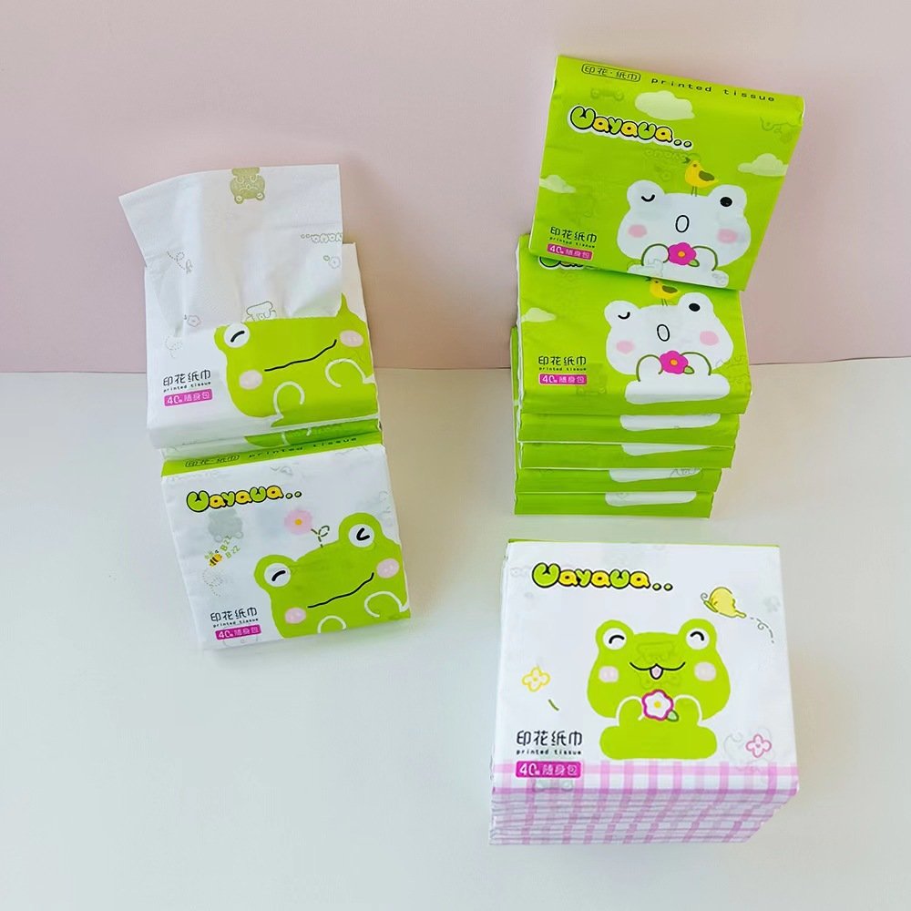 FSC SENWEN Portable Facial Tissues Wood Pulp Little Green Frog Printed Soft 40 Pull Cute Cartoon Handkerchief Pocket Tissue