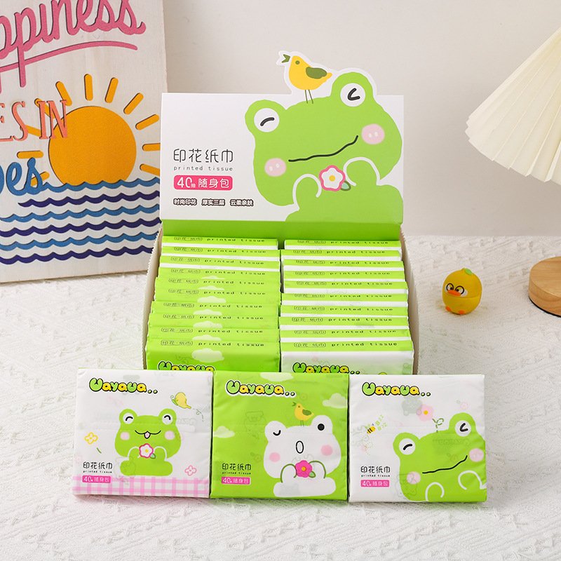 FSC SENWEN Portable Facial Tissues Wood Pulp Little Green Frog Printed Soft 40 Pull Cute Cartoon Handkerchief Pocket Tissue