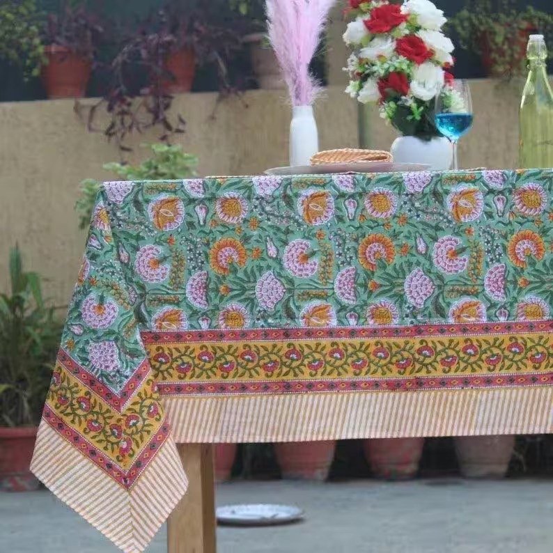 Vintage 60"x90" Floral Print Green Tablecloth Indian Table Linen Valentine Day Gift Custom Tablecloth Kitchen And Dining Decor