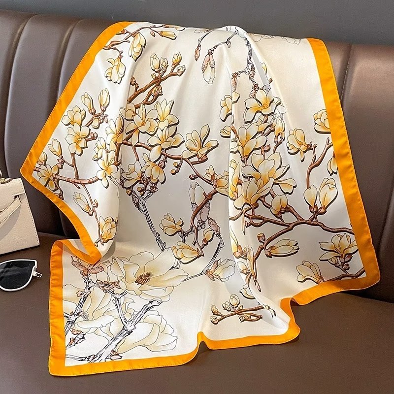 2024 new design women 70*70cm floral silk square scarves for ladies flower square small printing handkerchief