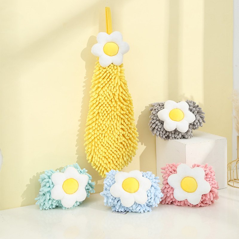 Cartoon Flower Hanging Wiping Chenille Hand Towel for Home Bathroom Kitchen