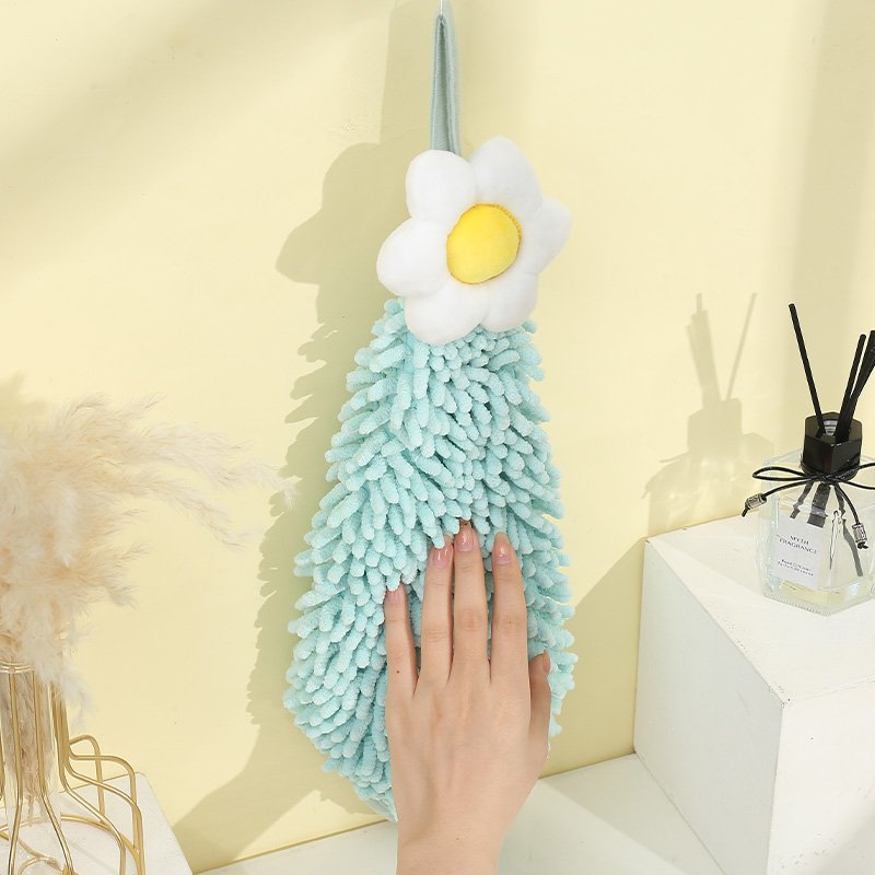 Cartoon Flower Hanging Wiping Chenille Hand Towel for Home Bathroom Kitchen