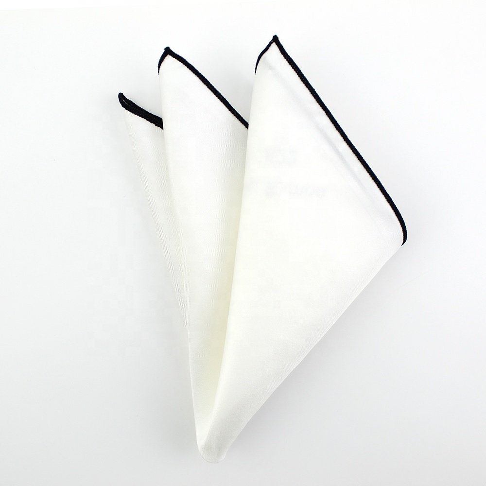 Premium Men Fashion Wedding Handkerchief 100% Silk Serged Contrast Black Edge Wholesale Custom Print Pocket Square White For Men