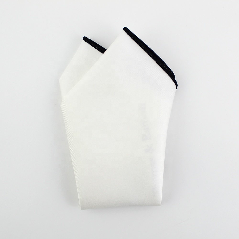 Premium Men Fashion Wedding Handkerchief 100% Silk Serged Contrast Black Edge Wholesale Custom Print Pocket Square White For Men