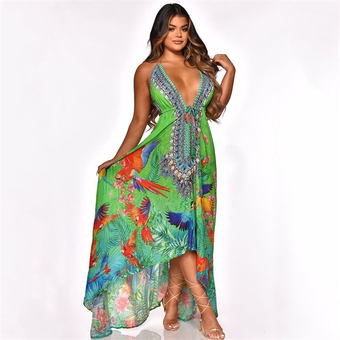 2023 fashion Women's Maxi High-Low Halter Handkerchief Long Dress Beach Party wear