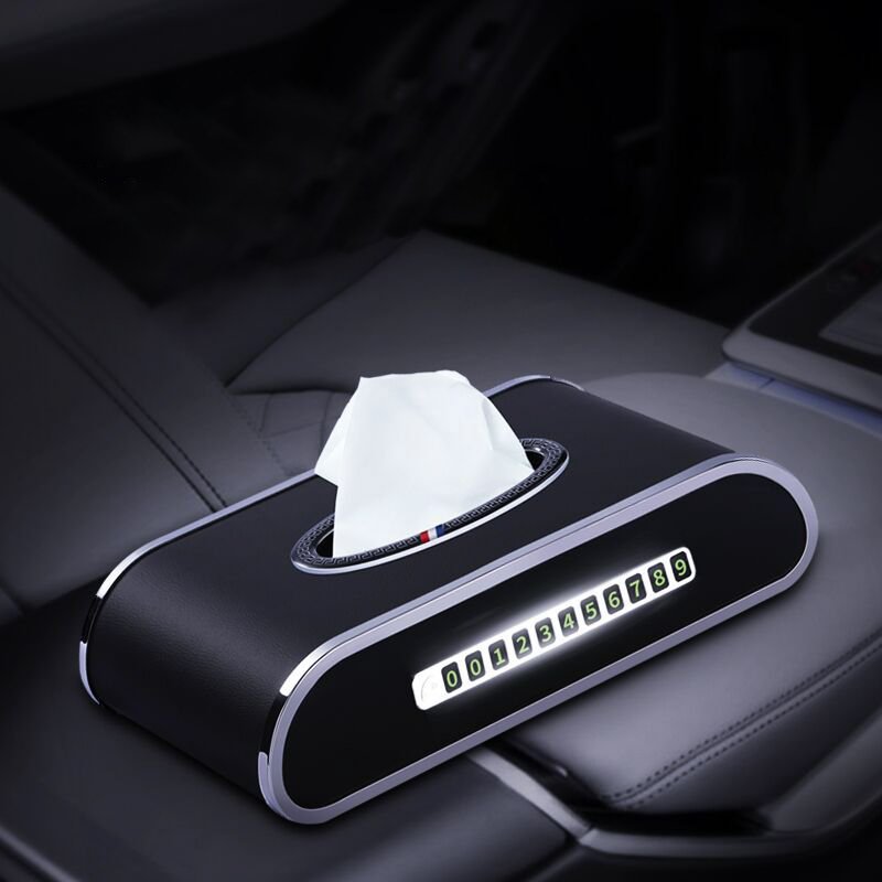 Sun Visor Car Logo Tissue Paper Organizer Parking Number Sanitary Napkin Holder Pu Leather Tissue Box Luxury With Clock