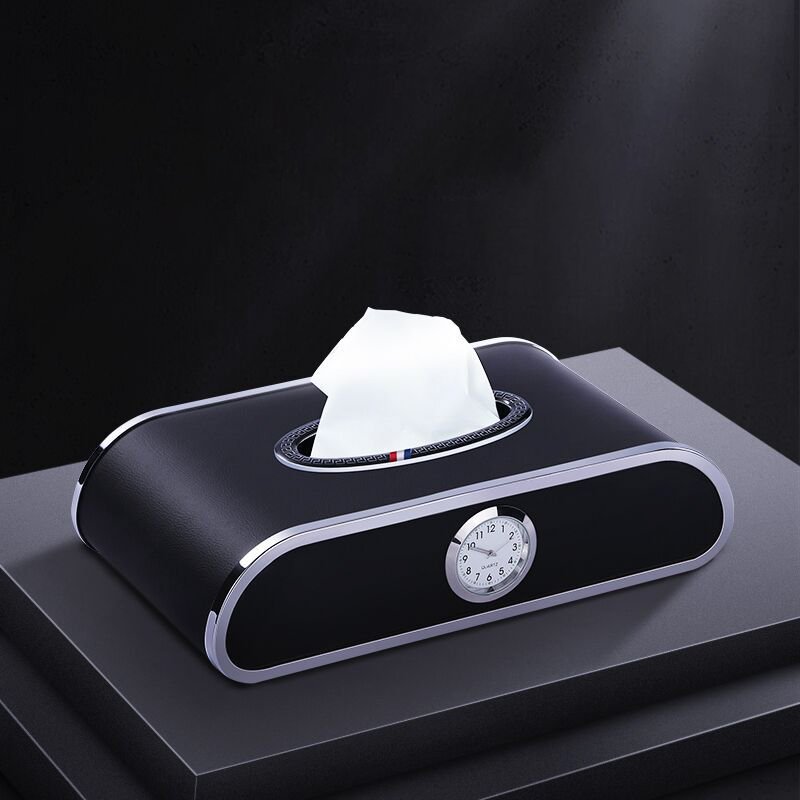 Sun Visor Car Logo Tissue Paper Organizer Parking Number Sanitary Napkin Holder Pu Leather Tissue Box Luxury With Clock