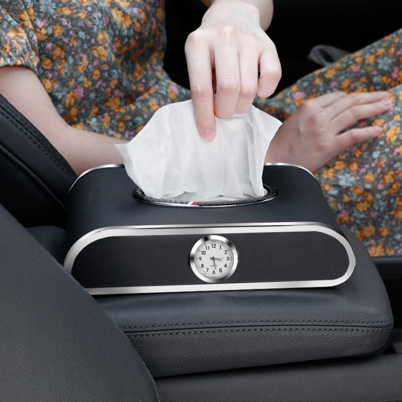 Sun Visor Car Logo Tissue Paper Organizer Parking Number Sanitary Napkin Holder Pu Leather Tissue Box Luxury With Clock