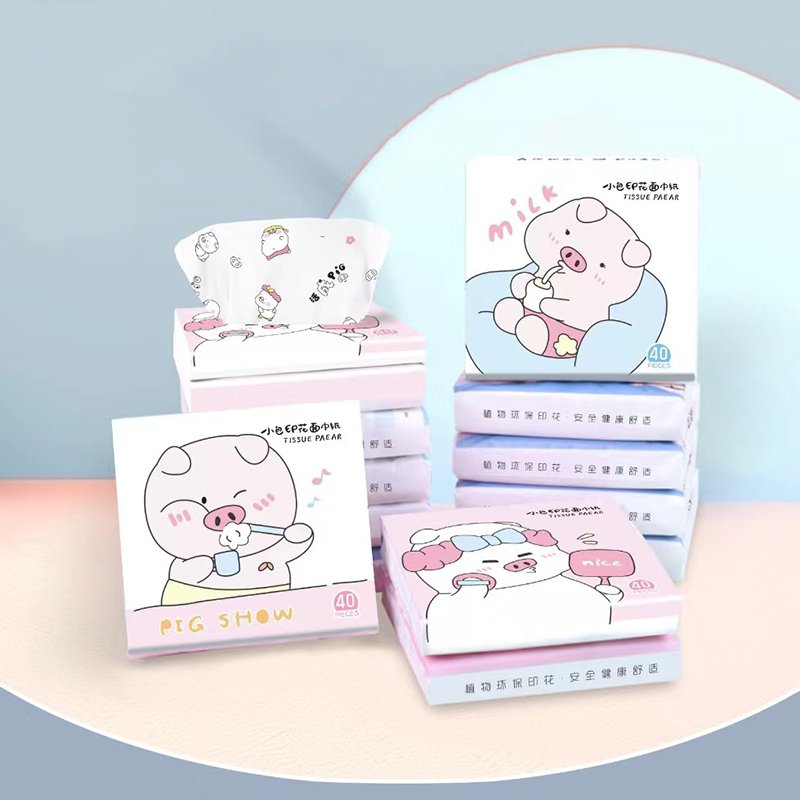 FSC SENWEN Portable Facial Tissues Wood Pulp Pink Pig Printed Soft 40 Pull Cute Cartoon Handkerchief Pocket Tissue