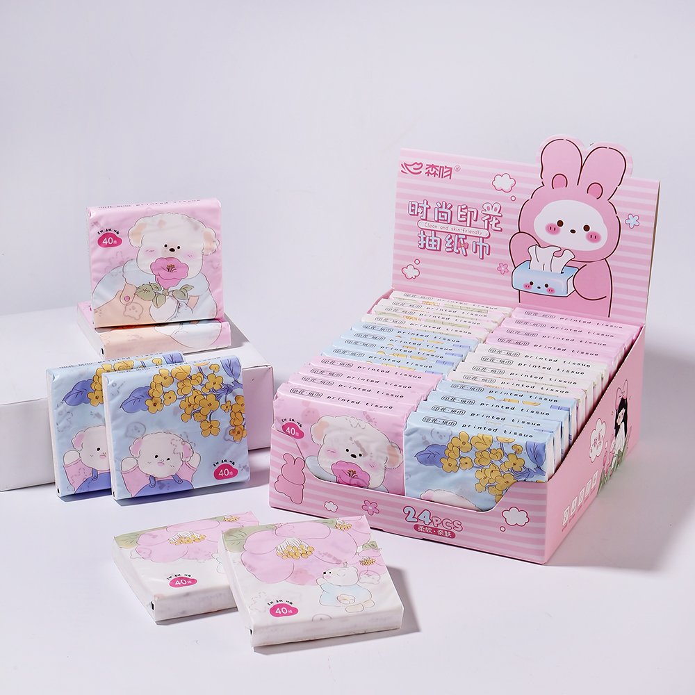 FSC SENWEN Portable Facial Tissues Wood Pulp Pink Pig Printed Soft 40 Pull Cute Cartoon Handkerchief Pocket Tissue