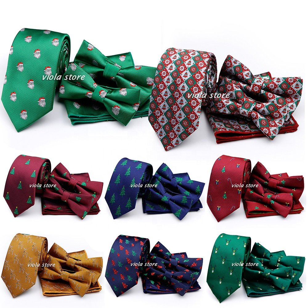 Hot Cartoon Christmas 7cm Necktie Sets Cute Tree Deer Red Navy Green Pocket Square Men Show Activity Party Cravat Gift Accessory