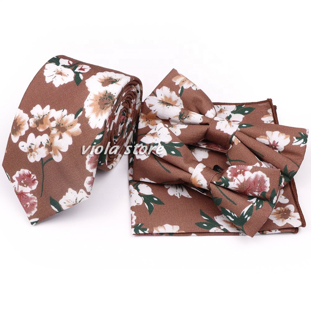 TopQuality New 20 Colors Floral 4 PCS Set 6.5cm Cotton Tie Pocket Square Bowtie Fashion Men Wedding Party Cravat Gift Accessory