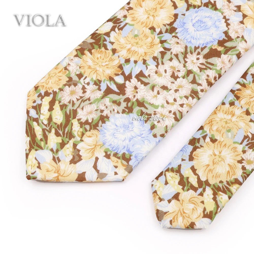 New Fashion Top Hot Floral 6.5cm Necktie 100Cotton Purple Pink Yellow Brown Men Wedding Party Daily Suit Gift Cravat Accessory