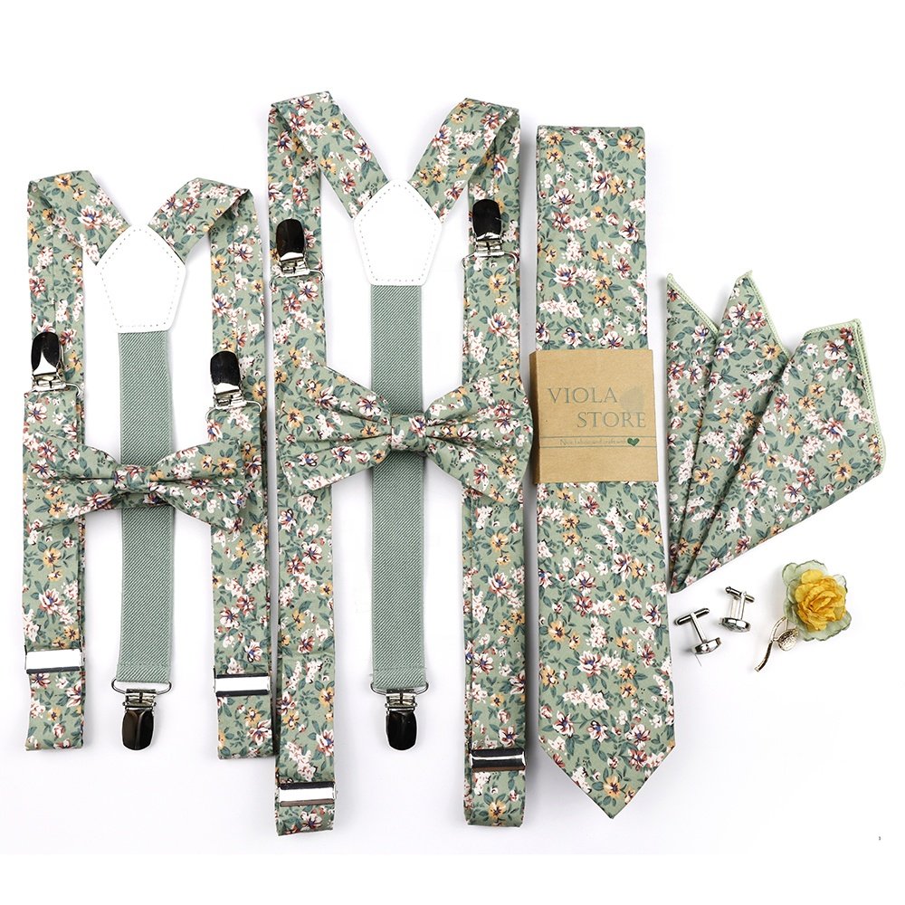 New Flower Cotton 2.5cm Suspender 6.5cm Tie Hankie Men Kid Bow Set Green Flower Cravat Brace Straps Wedding Party Gift Accessory