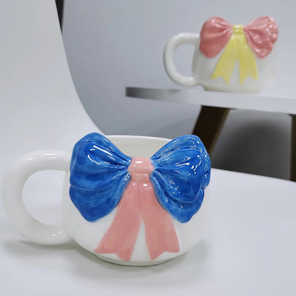 Bowknot Mugs Ins Cute Embossed Hand-painted Mug Cravat Christmas Red Bow Coffee Cup Couple Ceramic Irregular Cup Milk