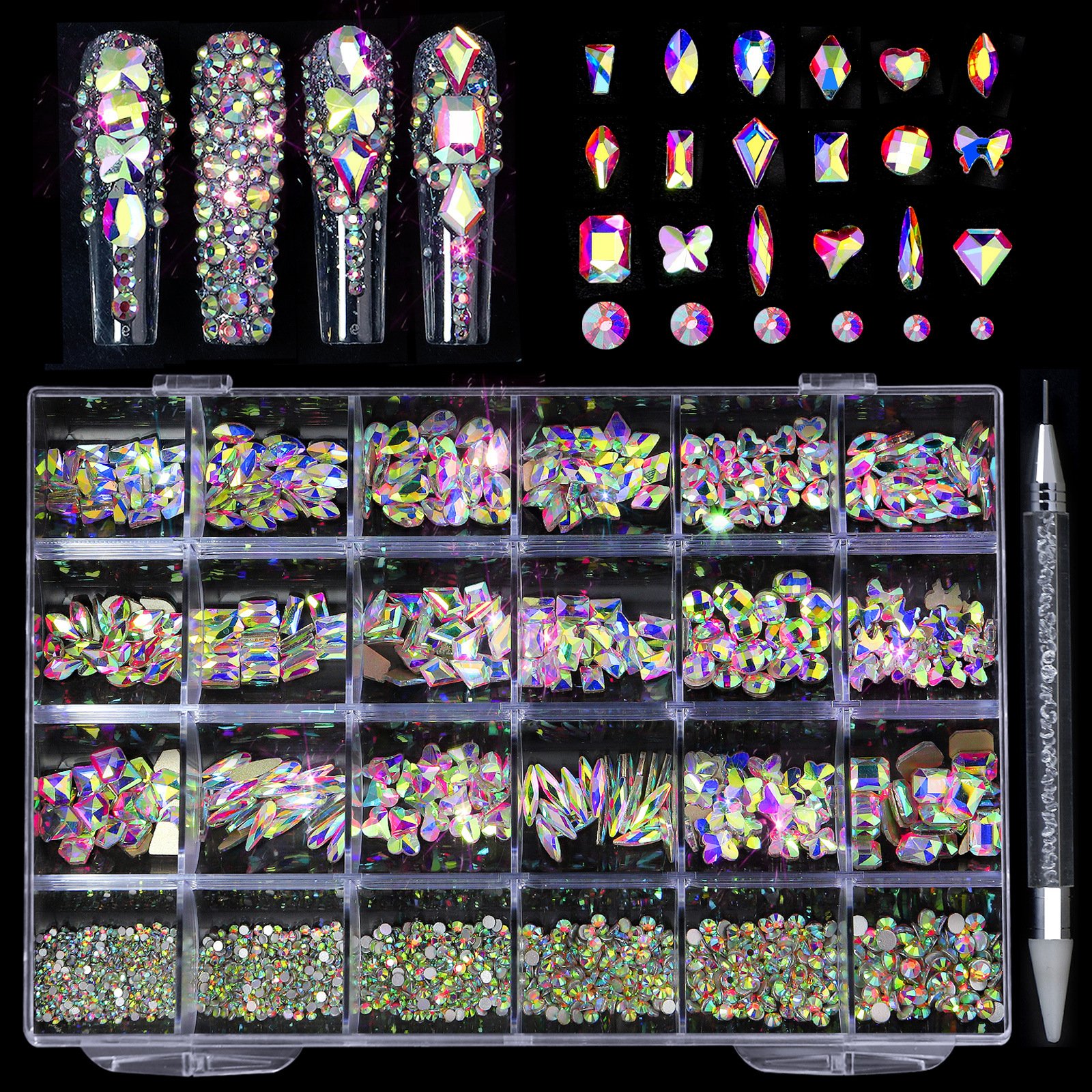 MIUKIULA Crystal Ab Rainbow Nail Art Mix Shape Fancy Shaped In Box Flat Bottom Glass Nail Diamond Rhinestone