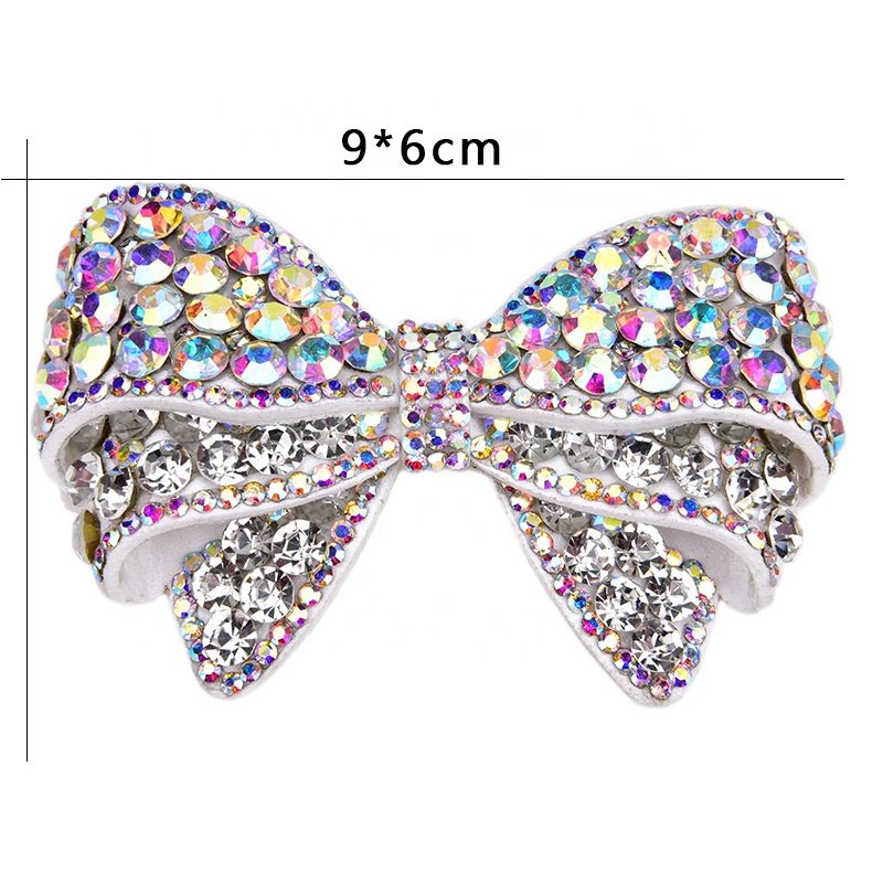 Embroidery Crystal AB 3D Fabric Applique Sew on Rhinestone Bow Patches for Shoes Clothes Hats Bags