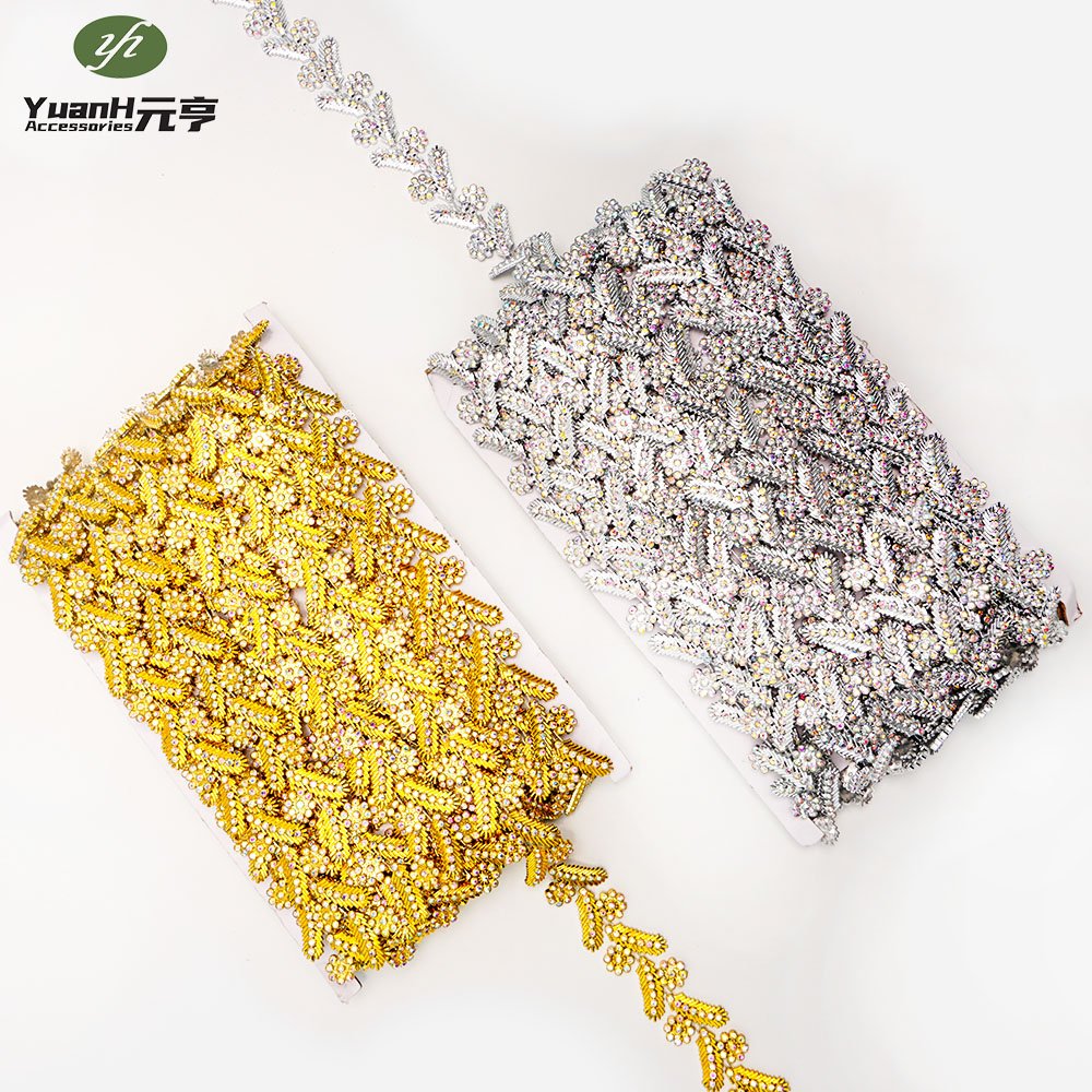 High quality silver flower leaves acrylic crystal trimming 24mm plastic rhinestone chain for DIY garment accessory