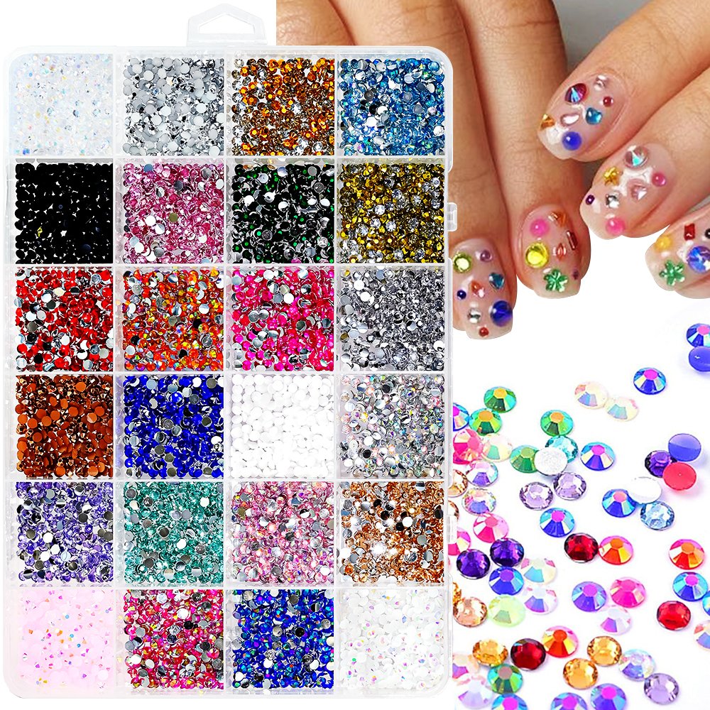 24 Grids Round Resin Flat Bottom Colorful Glitter Rhinestones DIY Nail Decoration Gem Accessories with Wax Pencil/Tweezers/Glue