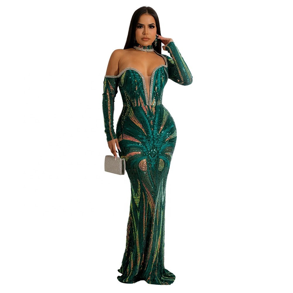 Women Sequined Halter Neck Open Back Sweetheart Collar Mermaid Bodycon Maxi Long Dress 2023 Rhinestone Evening Sexy Party Dress
