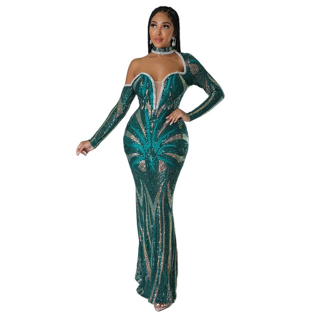 Women Sequined Halter Neck Open Back Sweetheart Collar Mermaid Bodycon Maxi Long Dress 2023 Rhinestone Evening Sexy Party Dress