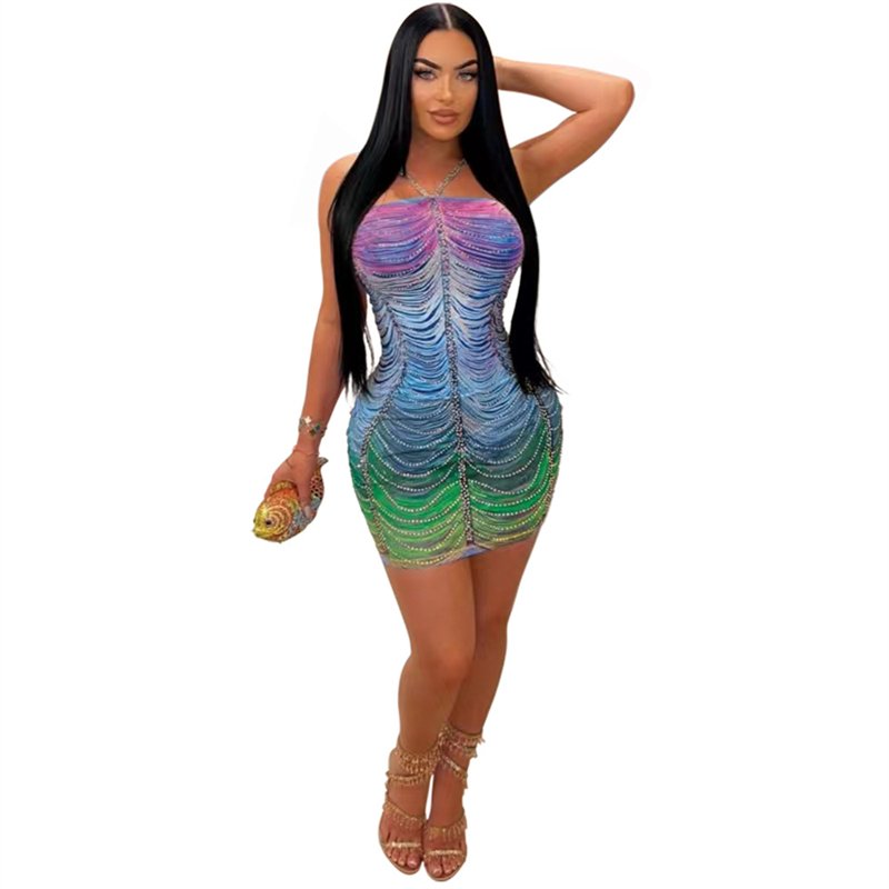 cheap ladies women sexy colorful club sleeveless short bling crystal rhinestone diamond birthday mini evening dress for women