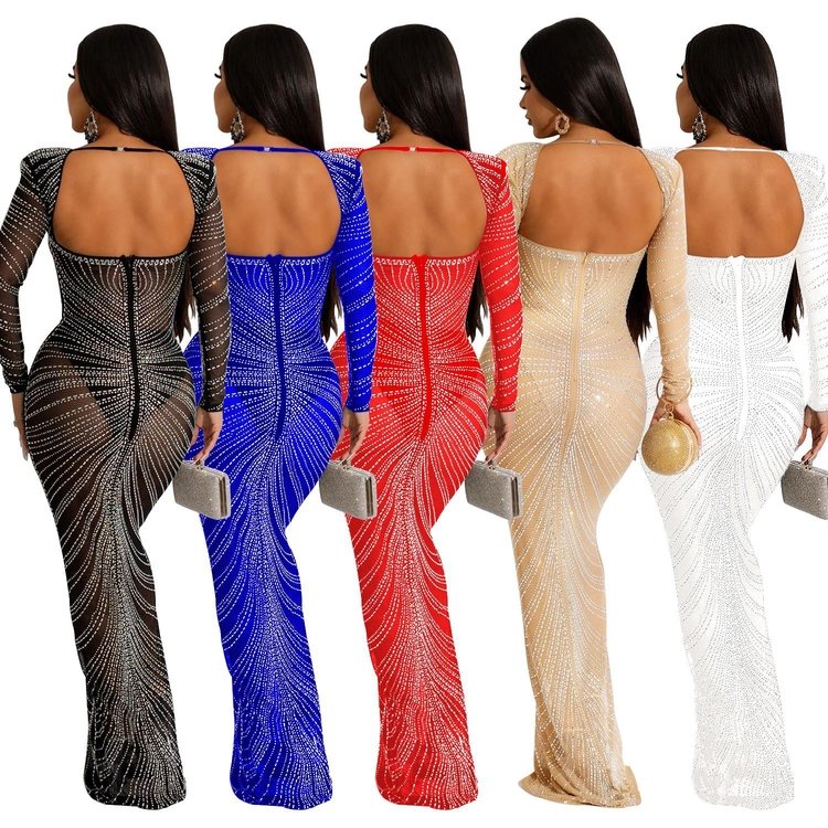 Plus size fashion women's clothes mesh see-through long sleeved rhinestone elegant night club party luxury evening dress