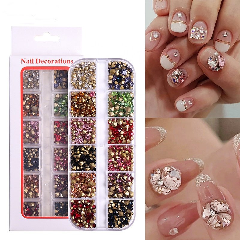 High Quality Press On Nail Box Rhinestones Kit Art Decoration 3d Nail Art Bling Crystal Glitters Stone Shaped Rhinestone Nail