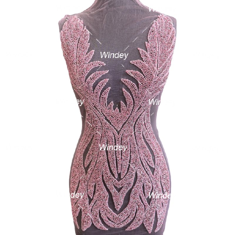 Cheap Price Colorful Pink Crystal Beaded Gown Rhinestone Stone Body Bodice Patch Appliques For Wedding Dress