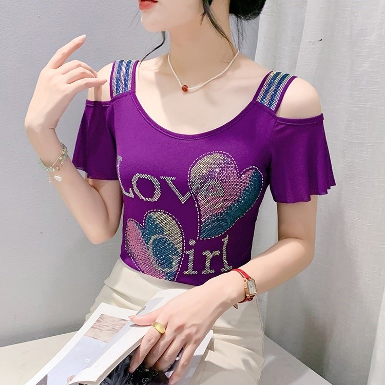 Factory Supply Women's Top Clothes Hot Press Rhinestone Pattern T-shirt Shiny LOVE GIRL Heart Short Sleeve Shirts For Girls