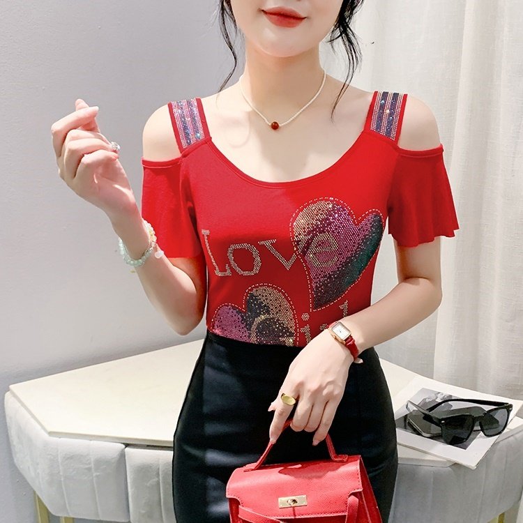 Factory Supply Women's Top Clothes Hot Press Rhinestone Pattern T-shirt Shiny LOVE GIRL Heart Short Sleeve Shirts For Girls