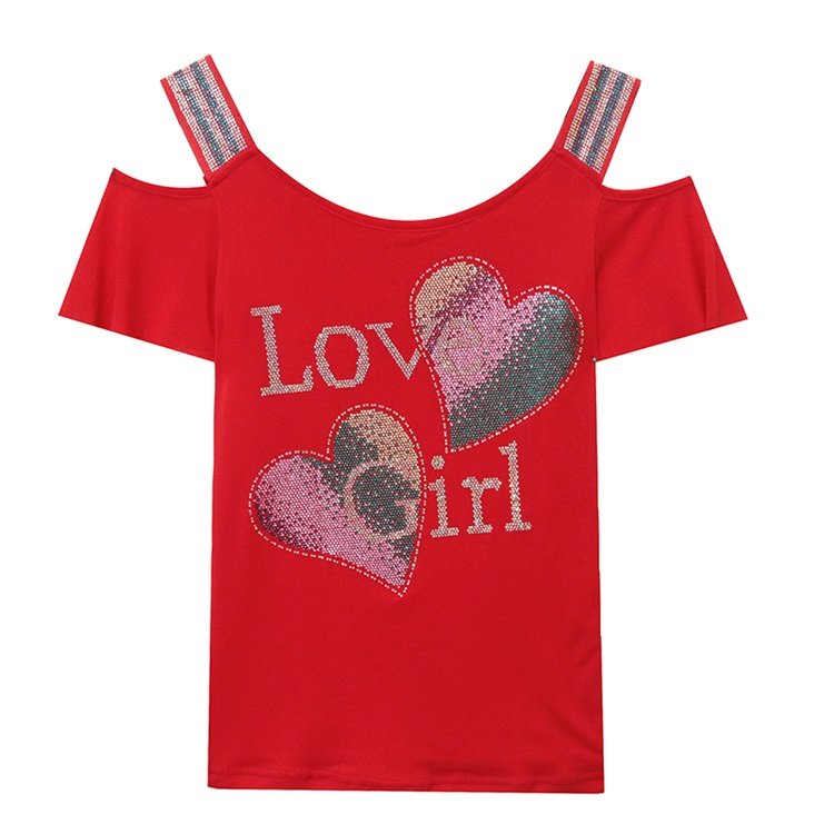 Factory Supply Women's Top Clothes Hot Press Rhinestone Pattern T-shirt Shiny LOVE GIRL Heart Short Sleeve Shirts For Girls