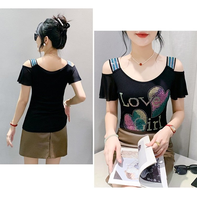 Factory Supply Women's Top Clothes Hot Press Rhinestone Pattern T-shirt Shiny LOVE GIRL Heart Short Sleeve Shirts For Girls